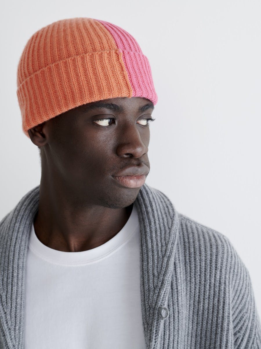Knitted Bi-Colour Unisex Cashmere Beanie Pink Coral | Begg x Co