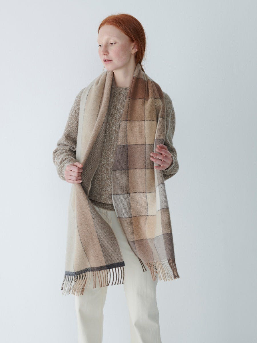 Women's Natural Checked Lambswool Angora Scarf | Begg x Co
