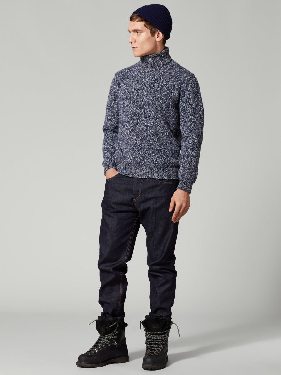 Mens Slub Lambswool Roll Collar Sweater Navy | Begg x Co