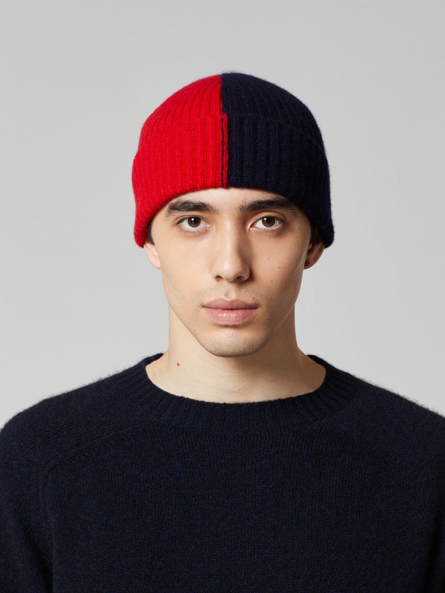 Unisex Knitted Bi-Colour Cashmere Beanie Hat in Scarlett/Pacific by Begg x Co