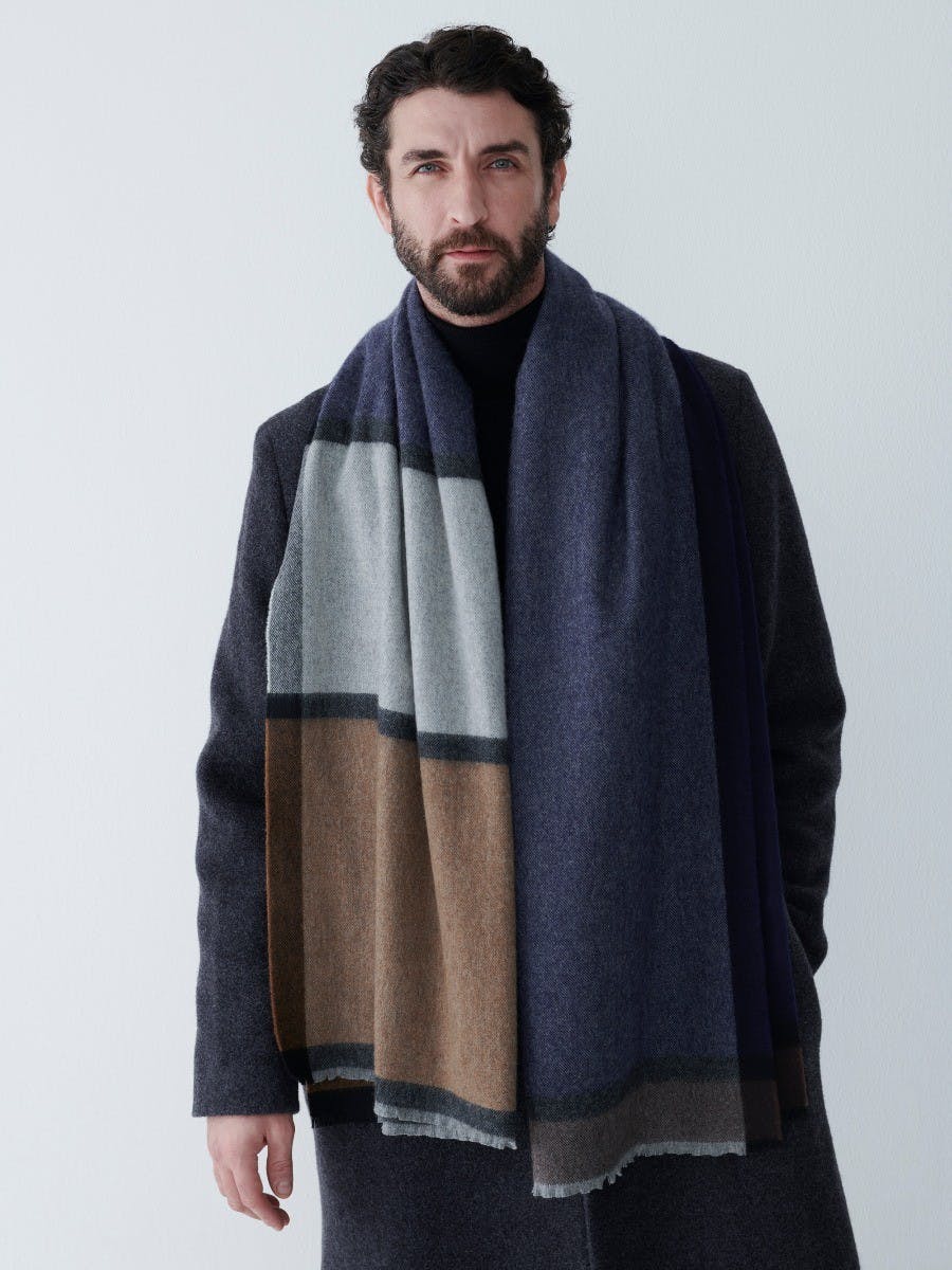 Mens Navy Grey Oversized Cashmere Scarf | Begg x Co