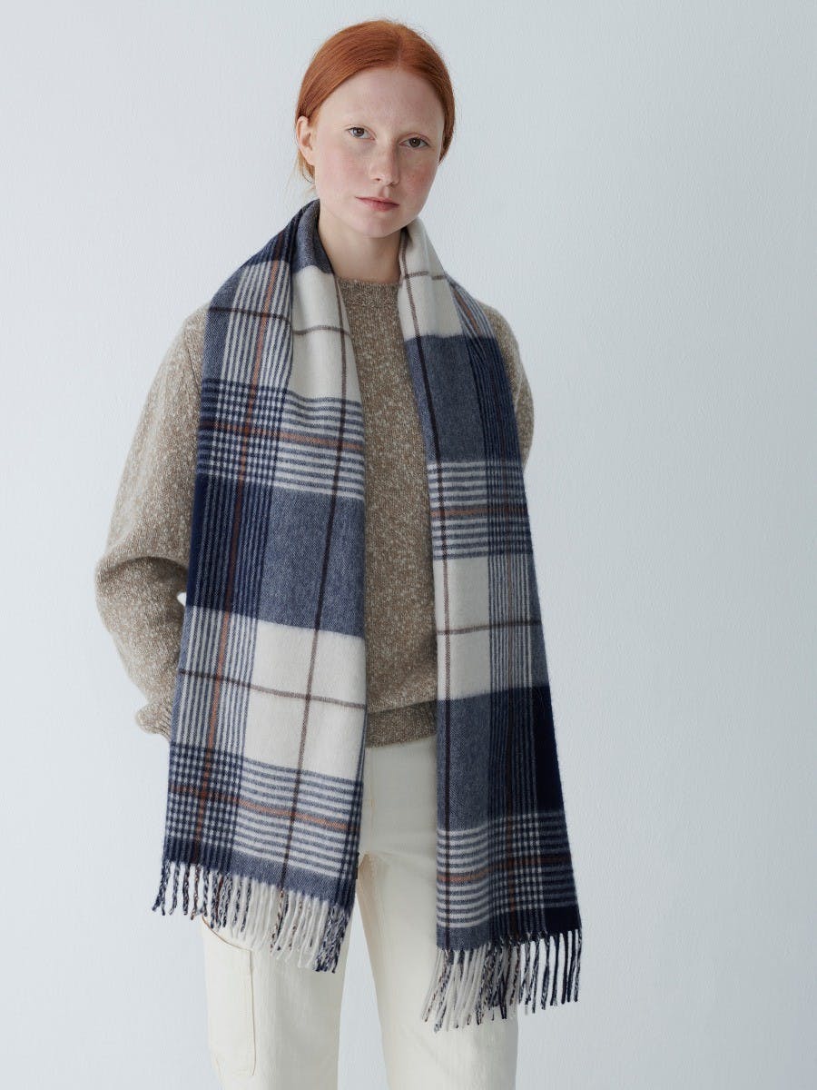 Womens Navy Brown Lambswool Angora Oversized Scarf | Begg x Co