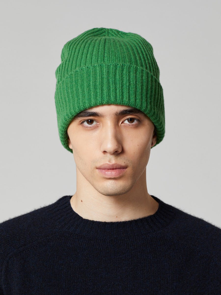 Men's Cashmere Lounge Beanie Hat in Pea Green by Begg x Co