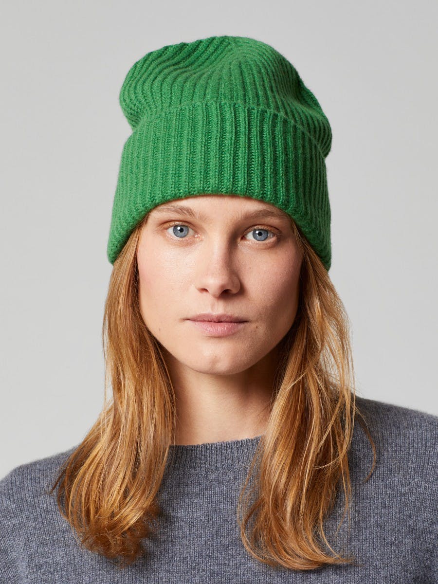 Women's Cashmere Lounge Beanie Hat in Pea Green by Begg x Co