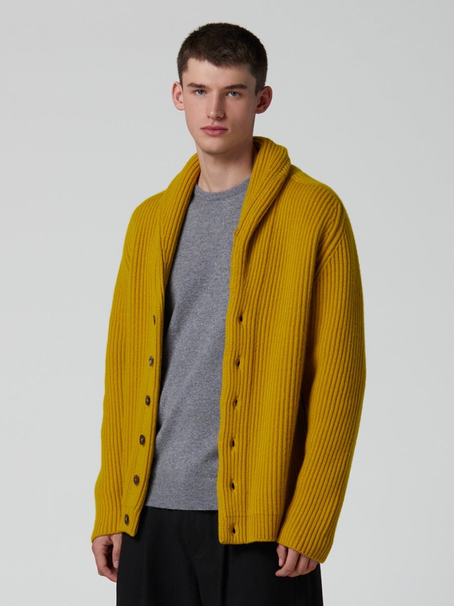 Luxury Cashmere men's Shawl Collar Cardigan in Yellow | Begg x Co