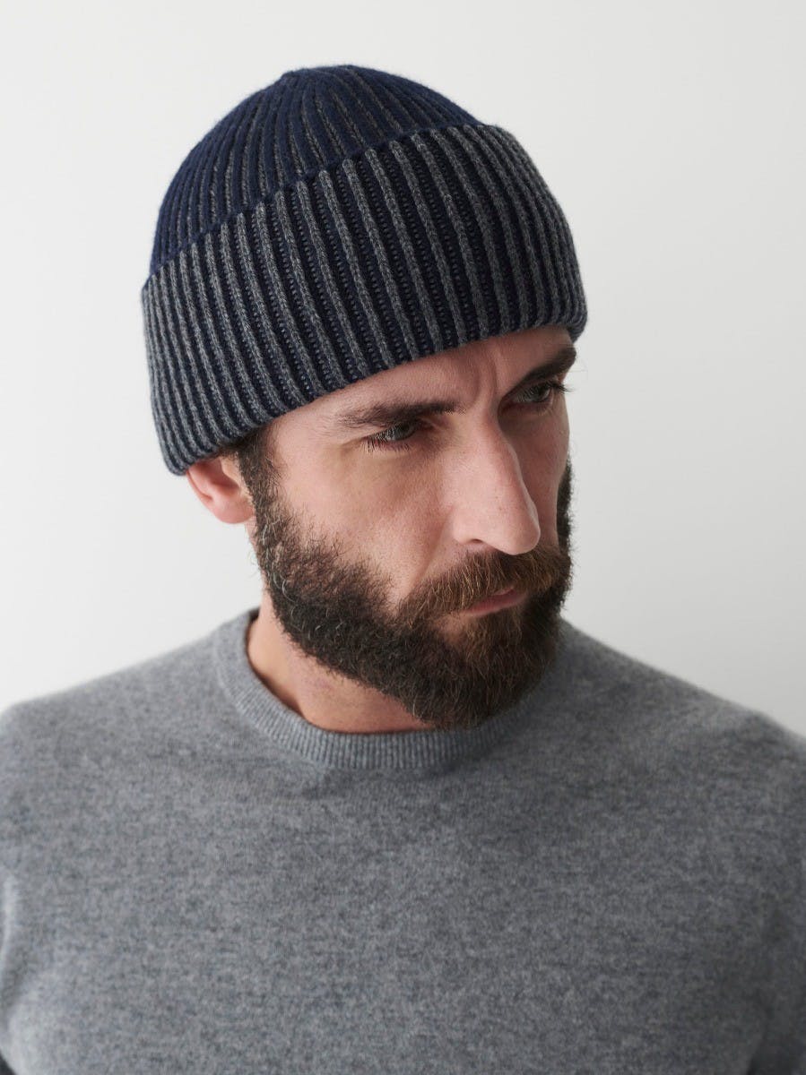 Mens Knitted Cashmere Beanie in Navy and Asphalt | Begg x Co