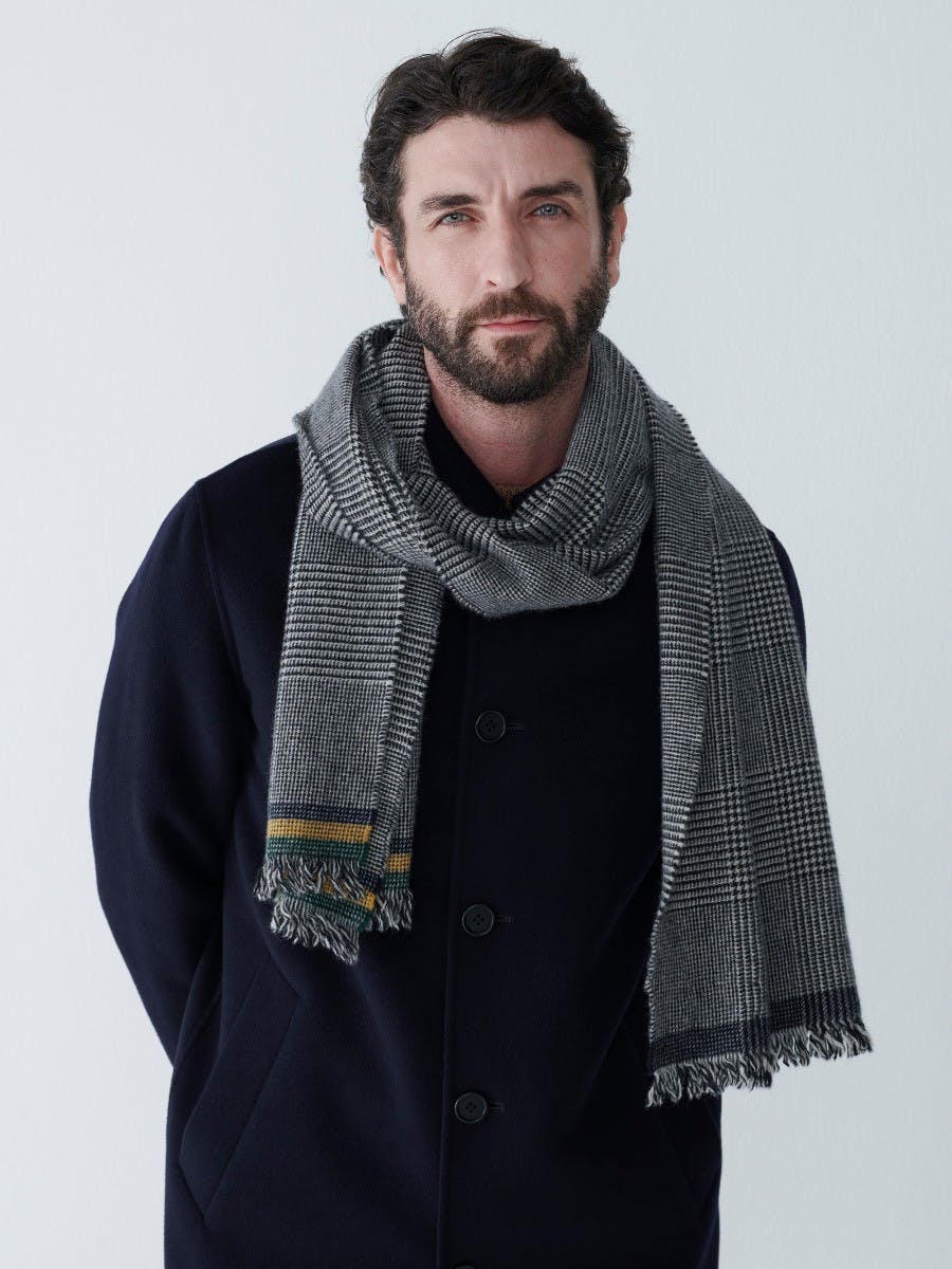 Mens Checked Natural Black Lambswool Cashmere Scarf | Begg x Co