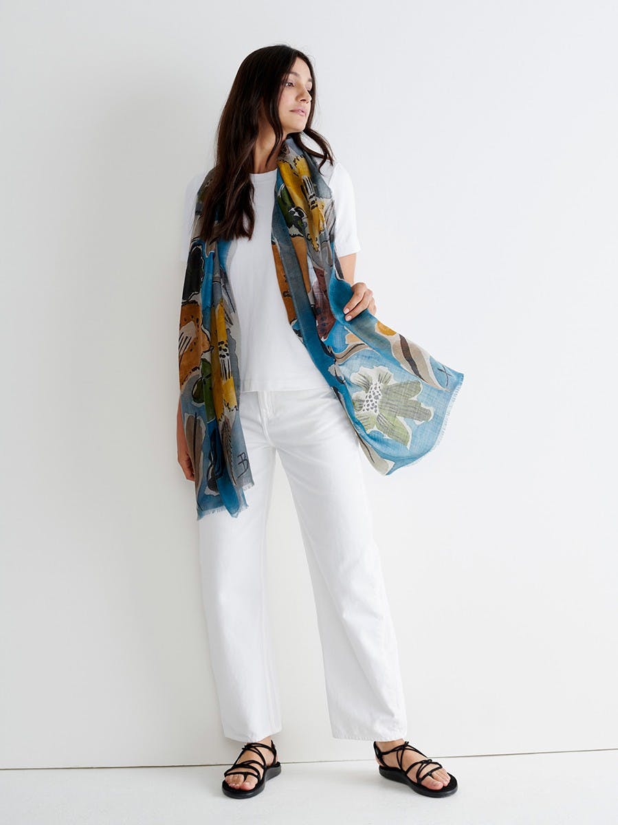 Women's Blue Floral Natural Cashmere Scarf | Begg x Co
